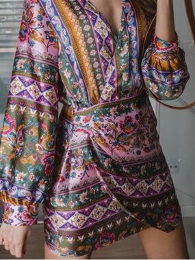 Zara Pink, Green & Gold Paisley Wrap Mini Dress